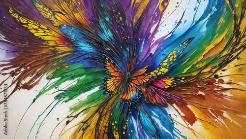 Modern Abstract Art Using a Vibrant Butterfly and Flower Effect Evolving into Colorful 3D Like Dynamic Thick Oil Splash, Spray and Symmetrical Effects