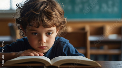 close up of a child focused on reading a book in class, sitting alone at a desk, with a blackboard and empty chairs in the background photo