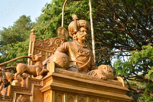 A closeup picture of a statue of a Indian King named Krishnadevaraya who ruled Southern India.