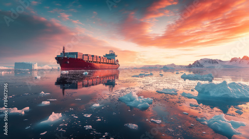 A cargo ship navigating through icy waters of the Arctic surrounded by icebergs