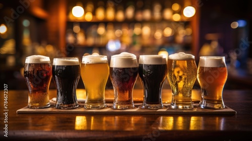 Different sorts of light and dark beer stand in a row on the bar counter
