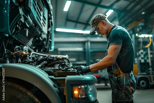 Auto technician meticulously fixing truck engine