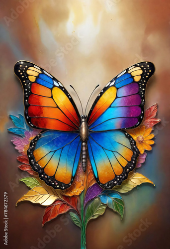 Fantasy artwork of a mesmerizing, jewel-toned butterfly in vivid, shimmering detail, set against a vibrant floral relief art and dreamlike alcohol ink backdrop.