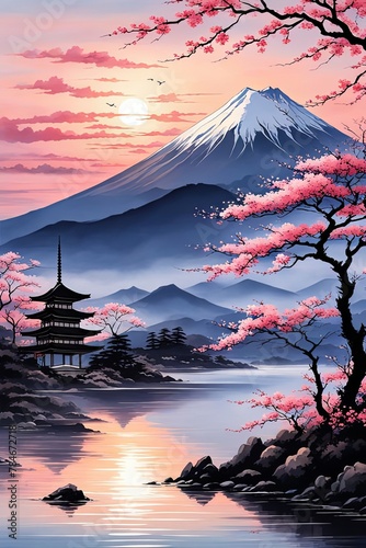 Serene landscape with mountain, pagoda in background. Sky is filled with beautiful pink hue, and moon is shining brightly. Concept of peace, tranquility.For art, creative projects, fashion, magazines.