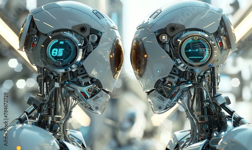 Capture a striking, futuristic Human-Robot Interaction scene in CG 3D rendering Show intricate details on the robots design, conveying a sense of advanced technology and human connection