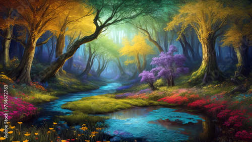 A Vibrant  Whimsical Fantasy Painting Depicting Vibrant Jewel-Toned Colorful Enchanted Fantasy Forest with a River and Lavish Flowers