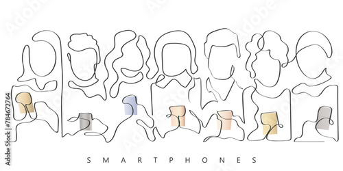 Hand drawn line art vector of people looking at some shocking news moths and eyes wide opened. Gossip culture