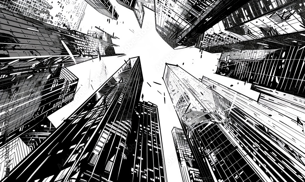 Capture the bold lines and dynamic angles of a skyscraper from a worms-eye view using intricate pen and ink techniques Incorporate a halftone effect for a modern, edgy twist Capture the bold lines and dynamic angles of a skyscraper from a worms-eye view using intricate pen and ink techniques Incorporate a halftone effect for a modern, edgy twist