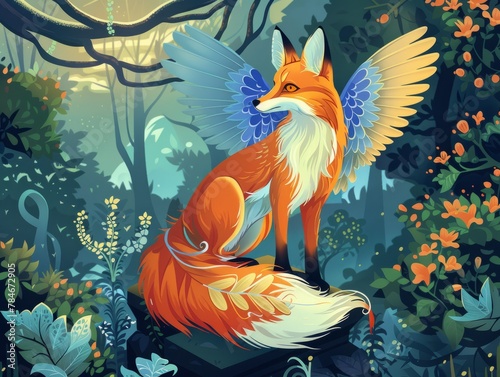 Illustration of. fox with wings in the magic forest. Bibi from Asian Mythology. Panorama 