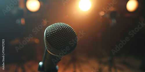 A microphone on stage in the focused spotlight 