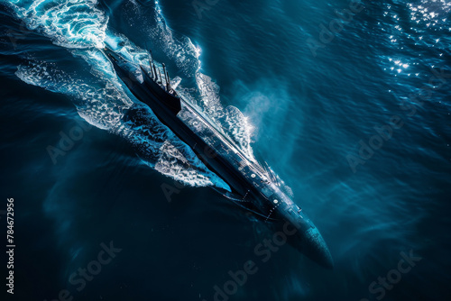 A large submarine is in the water, leaving a wake behind it photo