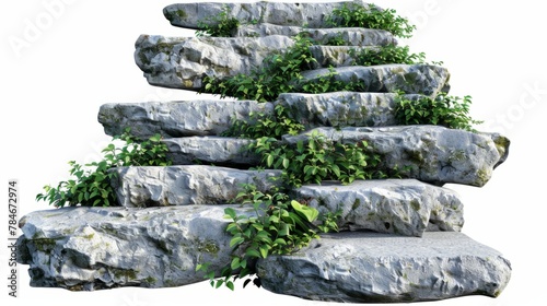 large stone steps, covered with green plants generative ai