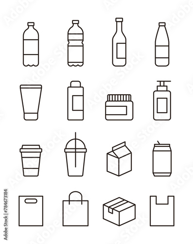 Set of line icons in minimalist style for package concept. Cosmetics, recycle, beverages, coffee, bag, box, glass, cup, plastic bottle, etc.