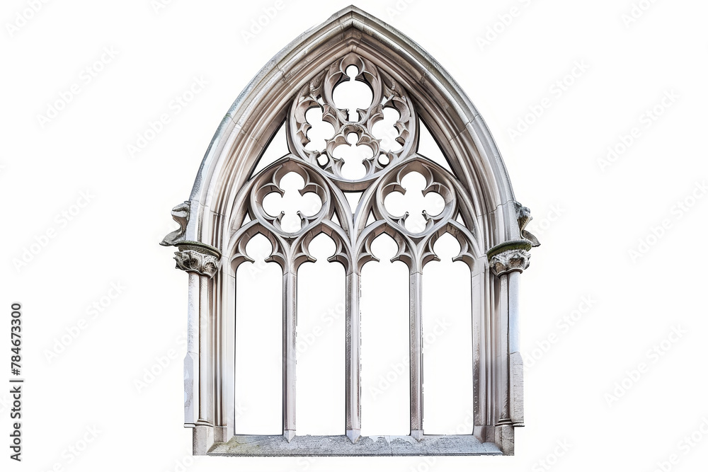 A detailed view of a Gothic window, its ornate design and pointed arches isolated against a stark white backdrop