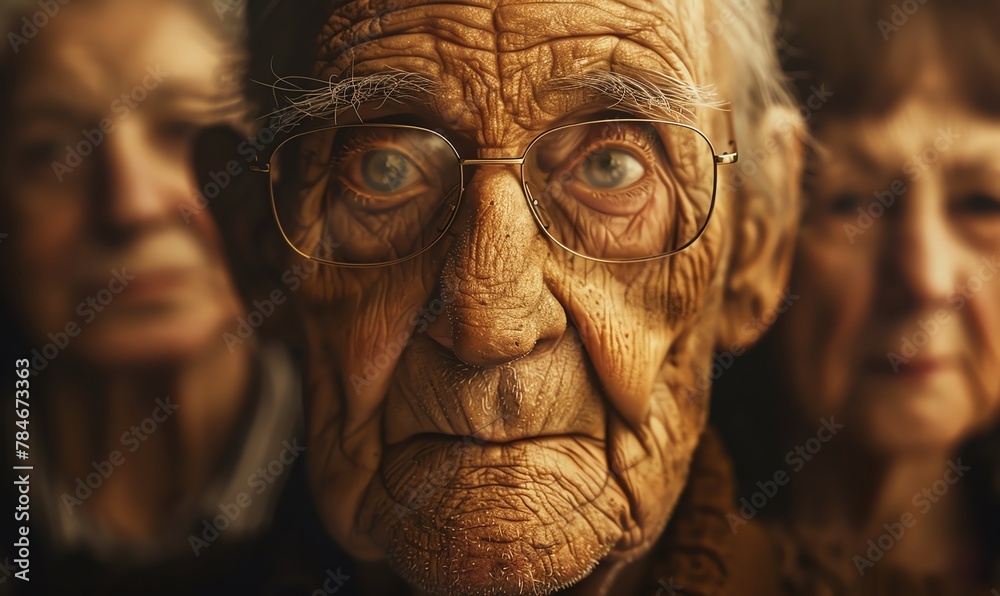 Capture the essence of wisdom and grace through a Worms-eye view portrait of elderly people in a traditional art medium, portraying intricate details and emotions Capture the essence of wisdom and grace through a Worms-eye view portrait of elderly people in a traditional art medium, portraying intricate details and emotions