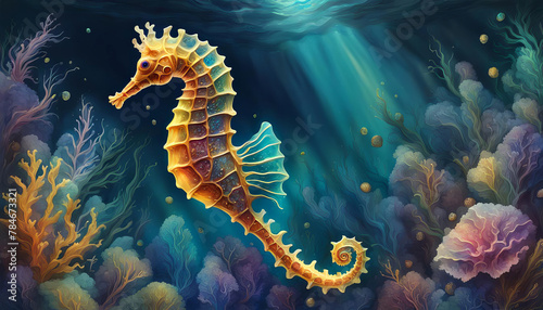 A Vibrant, Intricate Digital Illustration of a Mystical, Swirling Underwater Vibrant Seahorse in An Ethereal Oceanic Environment.