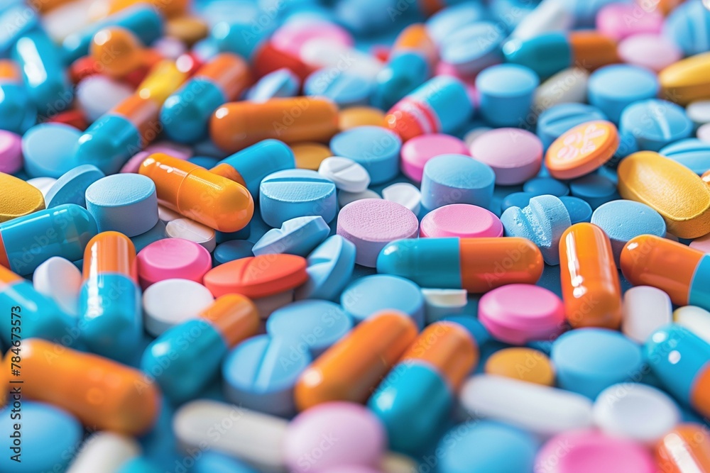 Vivid Close-Up of Various Prescription Pills on Table: Healthcare and Pharmaceutical Concept