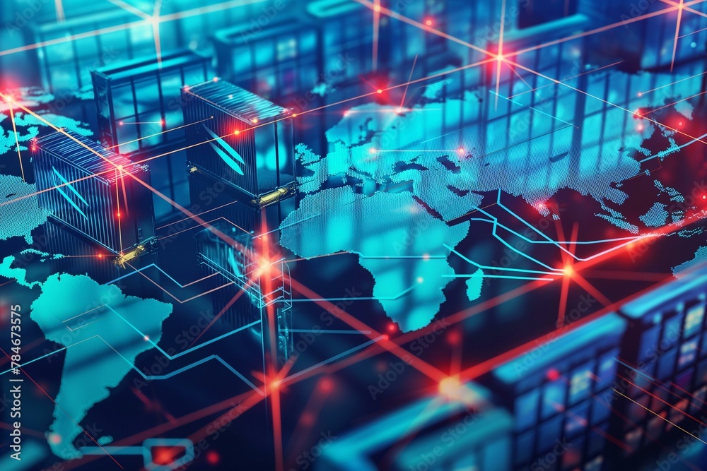 Fototapeta premium Futuristic Illustration of a Global Blockchain Network with Vibrant Connections and Data Centers