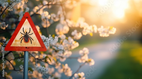 Beware of Ticks triangle warning sign, risk of Encephalitis Virus or Lyme Borreliosis disease. Spring blossom outdoor background. Insurance case brochure template. photo