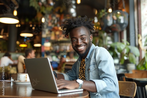 Cheerful African Man Working on Laptop in Vibrant Cafe Environment