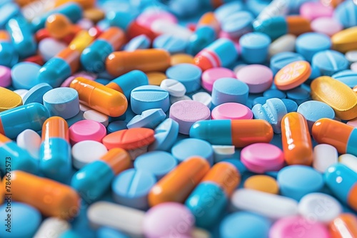 Vivid Close-Up of Various Prescription Pills on Table: Healthcare and Pharmaceutical Concept