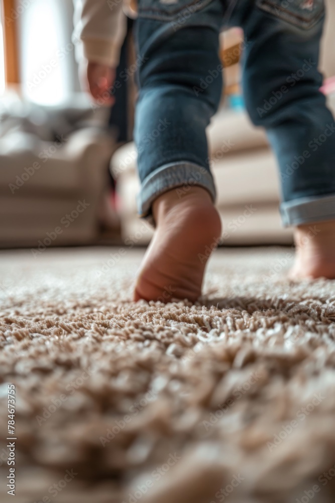 an adorable baby girl takes her first steps on the soft carpet of her parents' living room