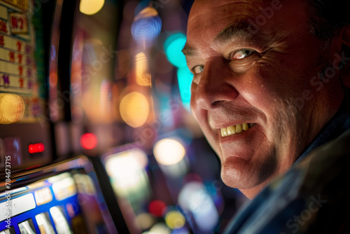 A close-up of a handsome middle-aged man at a casino, his face lit up with excitement as he plays at the slot machines.