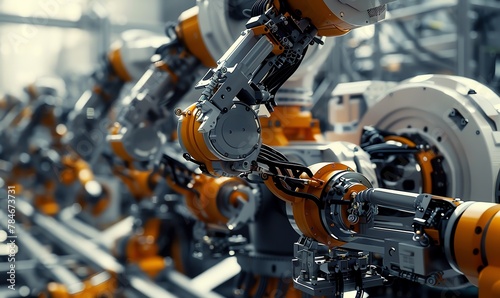 Capture the intricate details of robotic manufacturing from a worms-eye view using CG 3D rendering, emphasizing precision and futuristic elements
