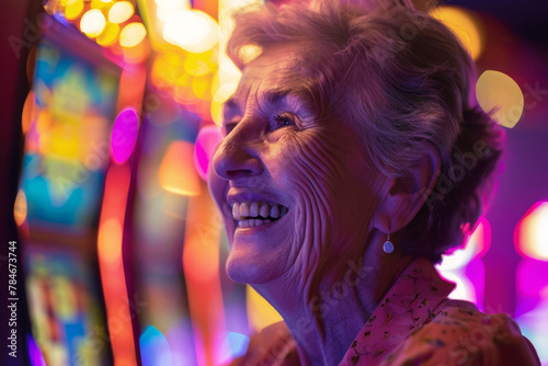 A close-up of a happy senior woman at a casino, her face glowing with excitement as she watches the spinning reels of a slot machine. © mila103