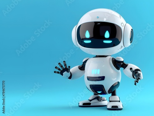 Adorable baby robot showing hello, copy space for text