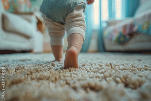 an adorable baby girl takes her first steps on the soft carpet of her parents' living room
