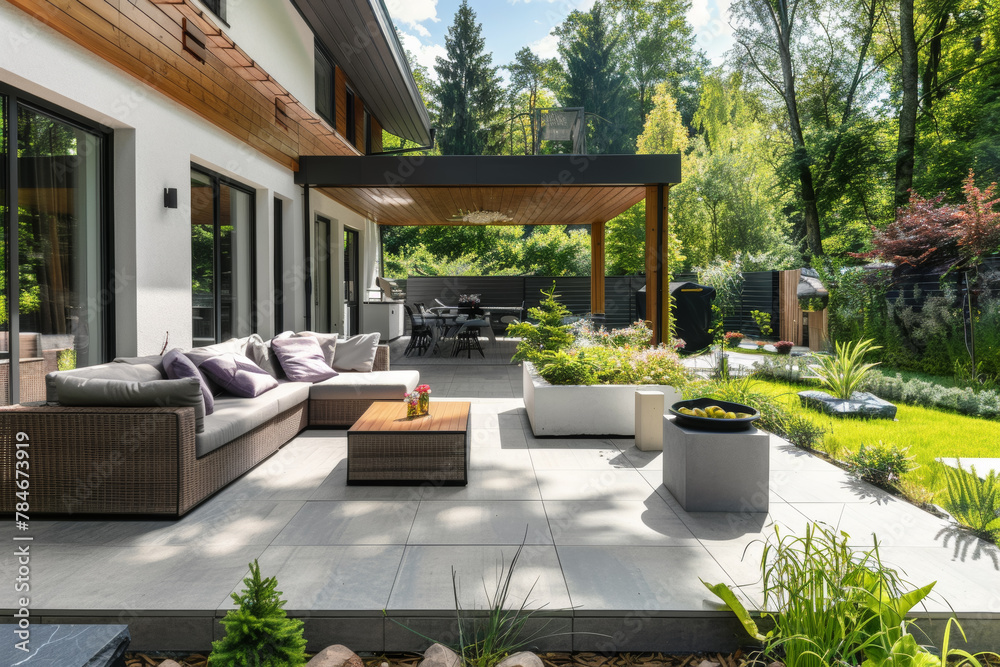 Fototapeta premium A large patio with a wooden deck and a patio umbrella