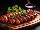 Traditional sausages are served on wooden boards.