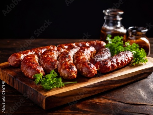 Traditional sausages are served on wooden boards.
