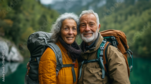 A cheerful multiracial elderly couple with backpacks embracing while hiking in a lush green environment © Collab Media