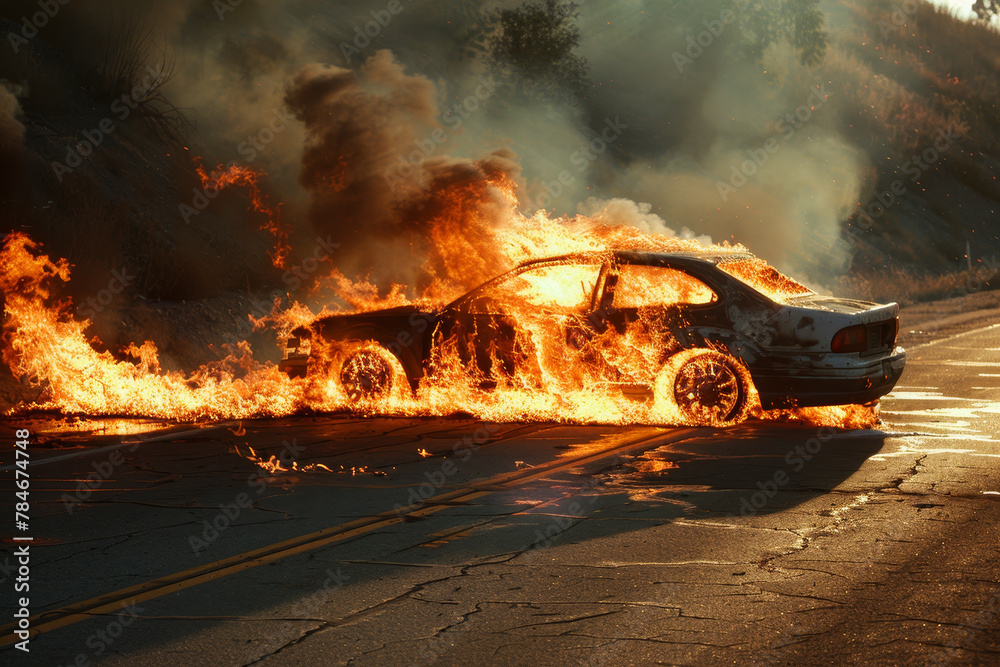 A car is on fire on a road