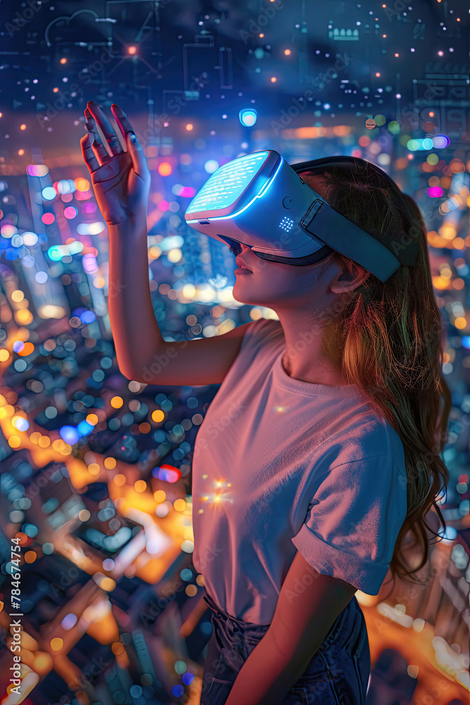 A woman wearing a virtual reality headset is looking up at a cityscape