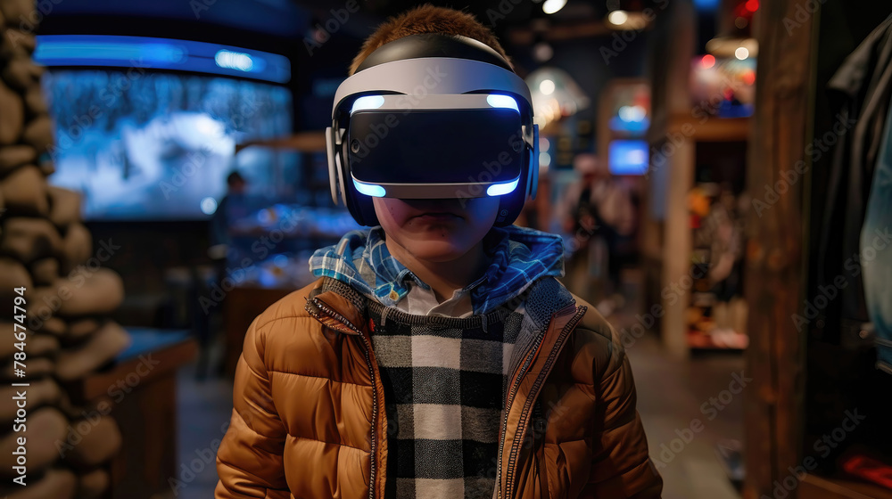 A boy wearing a VR headset stands in a room with a checkered jacket A boy wearing a VR headset stands in a room with a checkered jacket