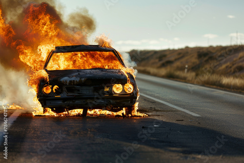 A car is on fire on a road