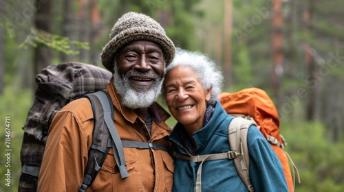 Black elderly man and caucasian elderly woman in hiking attire share a joyful moment in a green forest