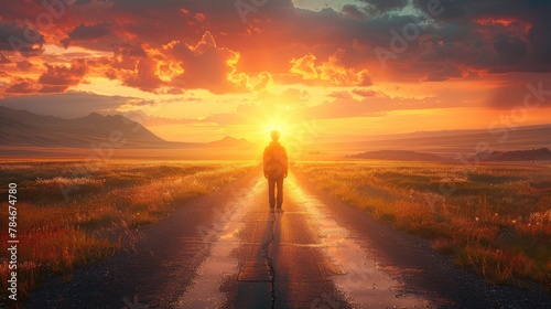 A man walks down a road at sunset photo