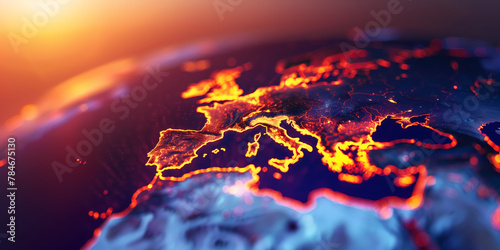 Planet Earth burning under the extreme heat of the sun, conceptual illustration of global warming, temperature increase in Europe, over heating of the world in climate change