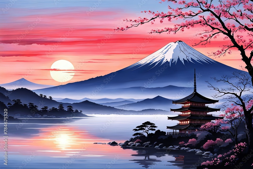 Traditional Japanese pagoda surrounded by blooming cherry trees in full pink blossom, embodying beauty of springtime scene in Japan. For interior, commercial spaces to create stylish atmosphere. Traditional Japanese pagoda surrounded by blooming cherry trees in full pink blossom, embodying beauty of springtime scene in Japan. For interior, commercial spaces to create stylish atmosphere.