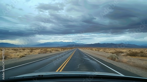 Empty road with mountain views seen through the front windshield of a car. generative ai © Kelly