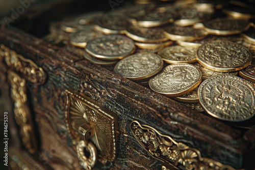 A wooden chest with gold coins inside photo