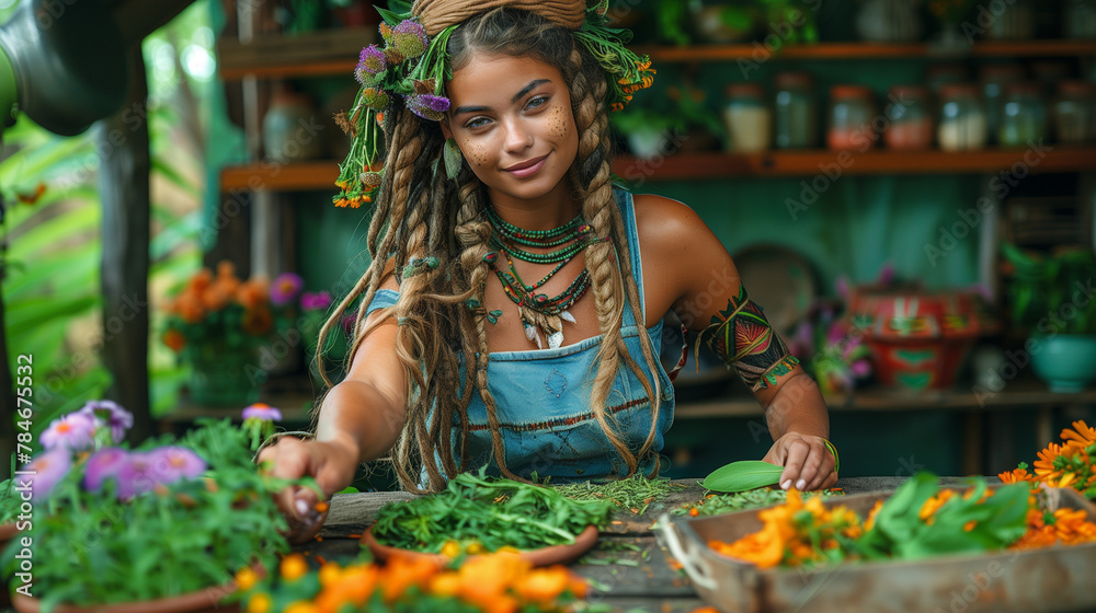 Beautiful young woman herbalist in her natural workshop: young herbalist prepares natural remedies surrounded by lush greenery. Alternative medicine with herbal medicine. 
