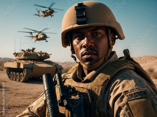 Coragem no Campo de Batalha: O Soldado Determinado em Meio à Guerra photo