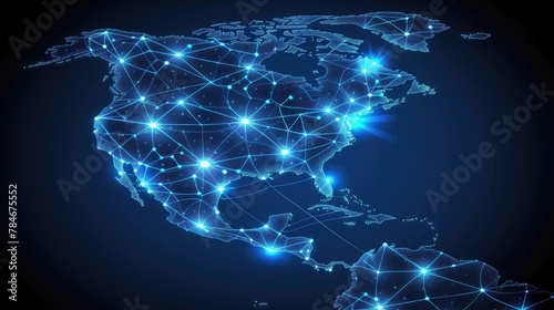 A blue and white map of the United States with a network of lights