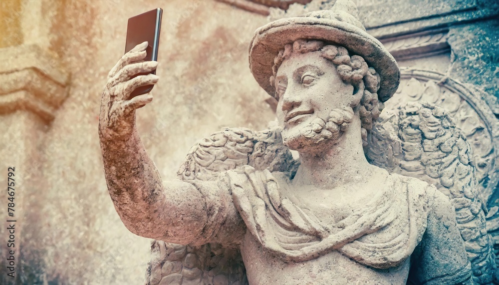 Fototapeta premium Antique stone statue taking selfie on phone , concept of Vintage art