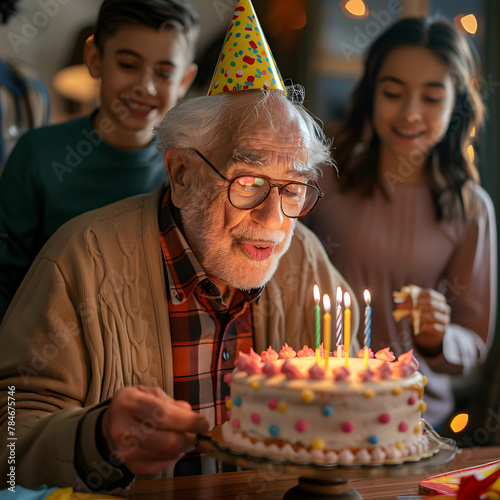 A grandfather blowing out candles on a birthday cake